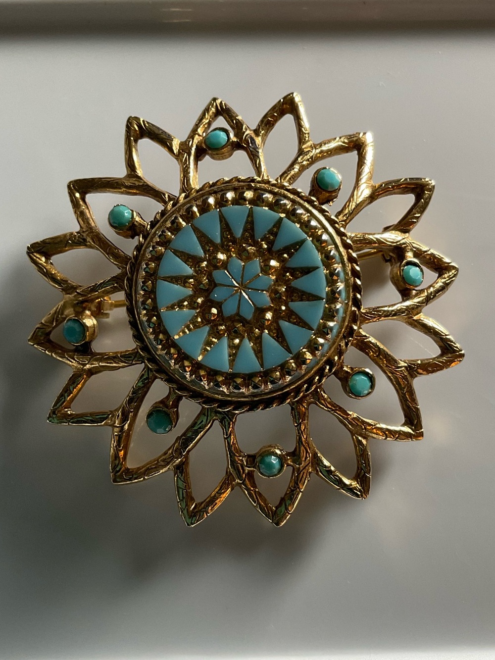 Vintage Gold Tone Sunburst Brooch Turquoise Accent Floral Mandala Pin